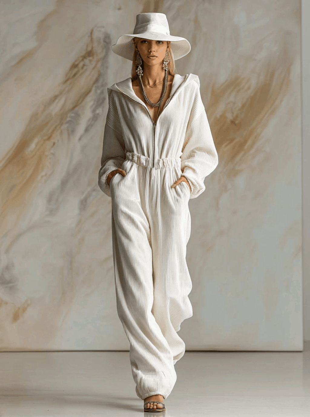 Loose White Corduroy Hooded Long Sleeve Jumpsuit