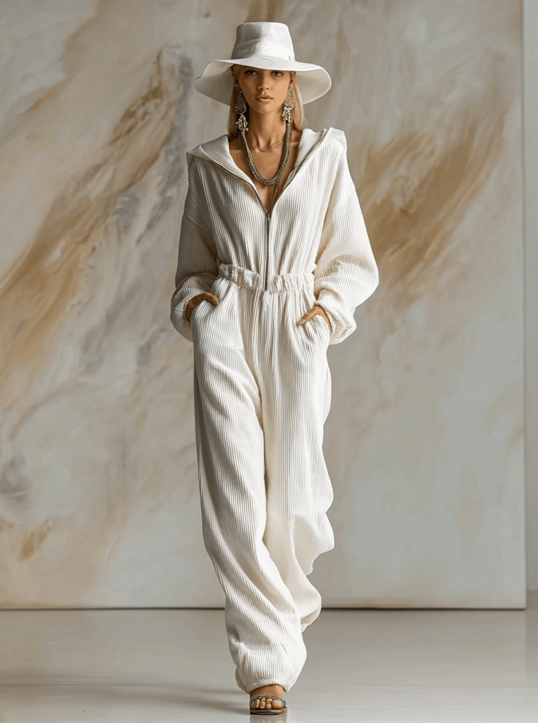 Loose White Corduroy Hooded Long Sleeve Jumpsuit