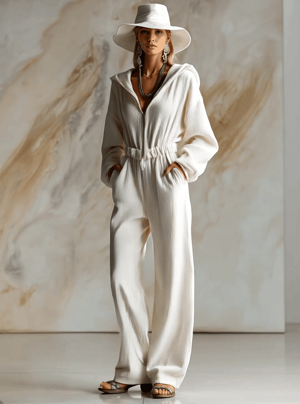 Loose White Corduroy Hooded Long Sleeve Jumpsuit