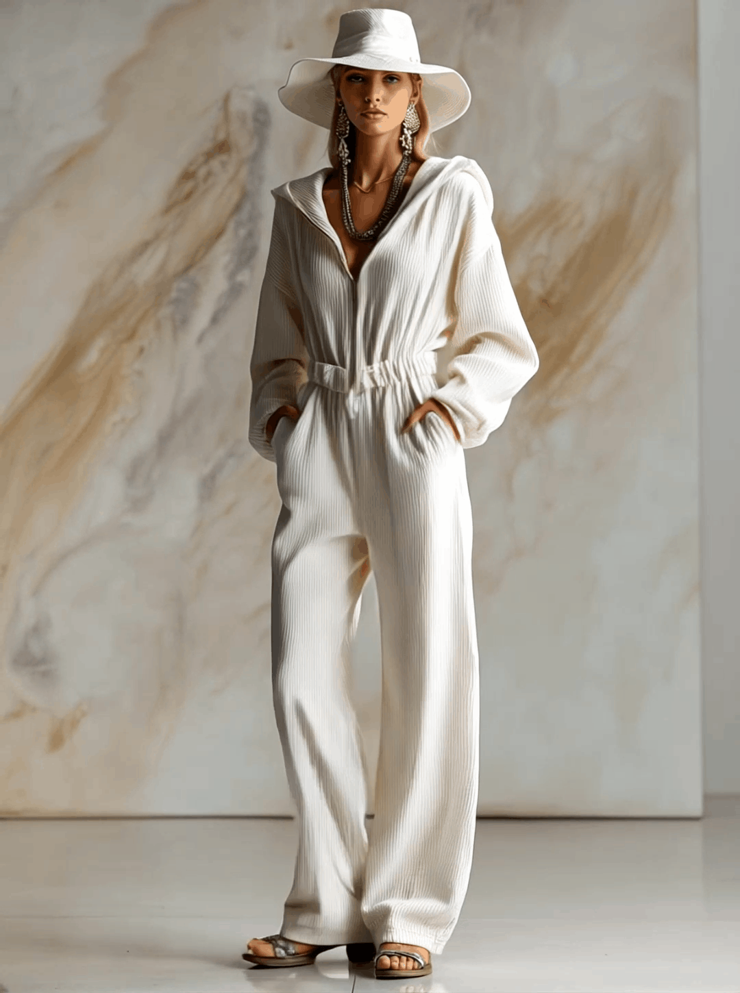 Loose White Corduroy Hooded Long Sleeve Jumpsuit
