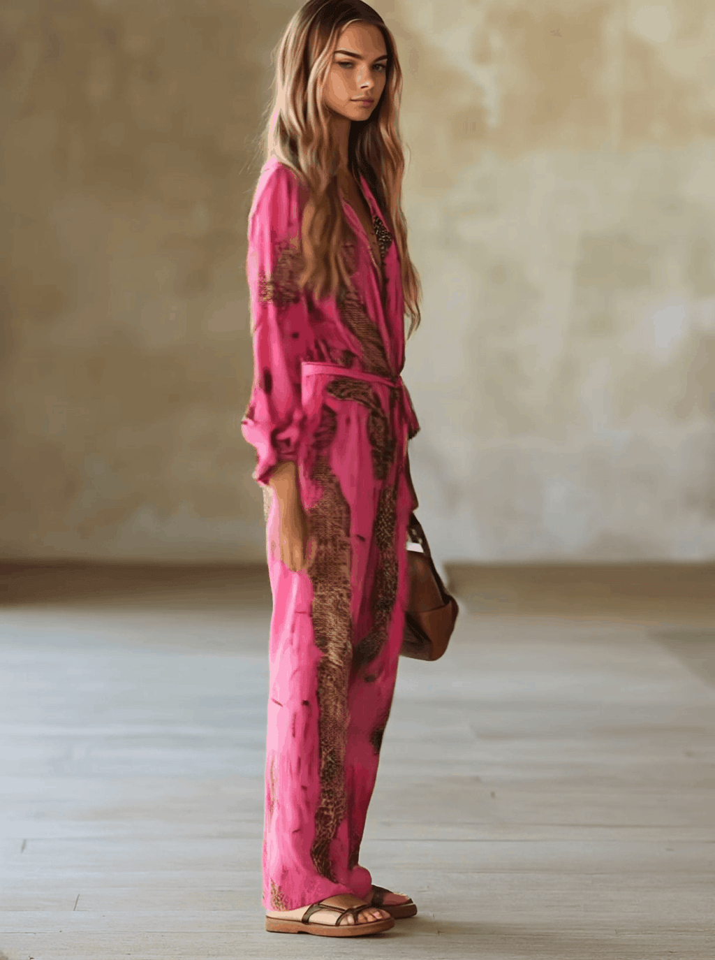 Loose Rose Red Chiffon Leopard Print Jumpsuit