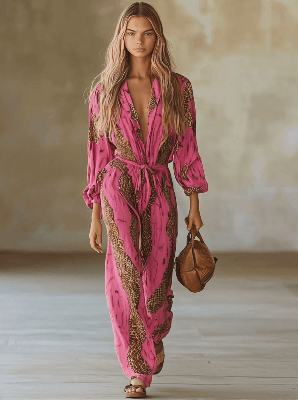 Loose Rose Red Chiffon Leopard Print Jumpsuit