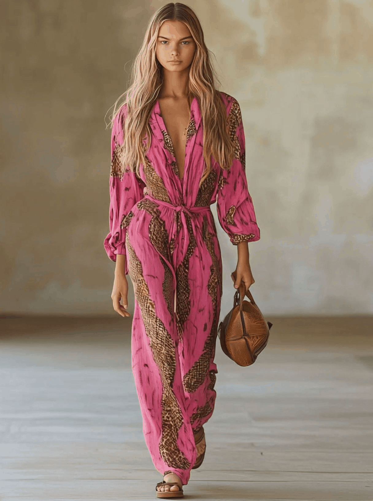Loose Rose Red Chiffon Leopard Print Jumpsuit