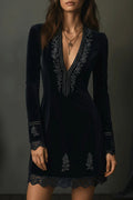 Retro Black Velvet Embroidered Lace Mini Dress
