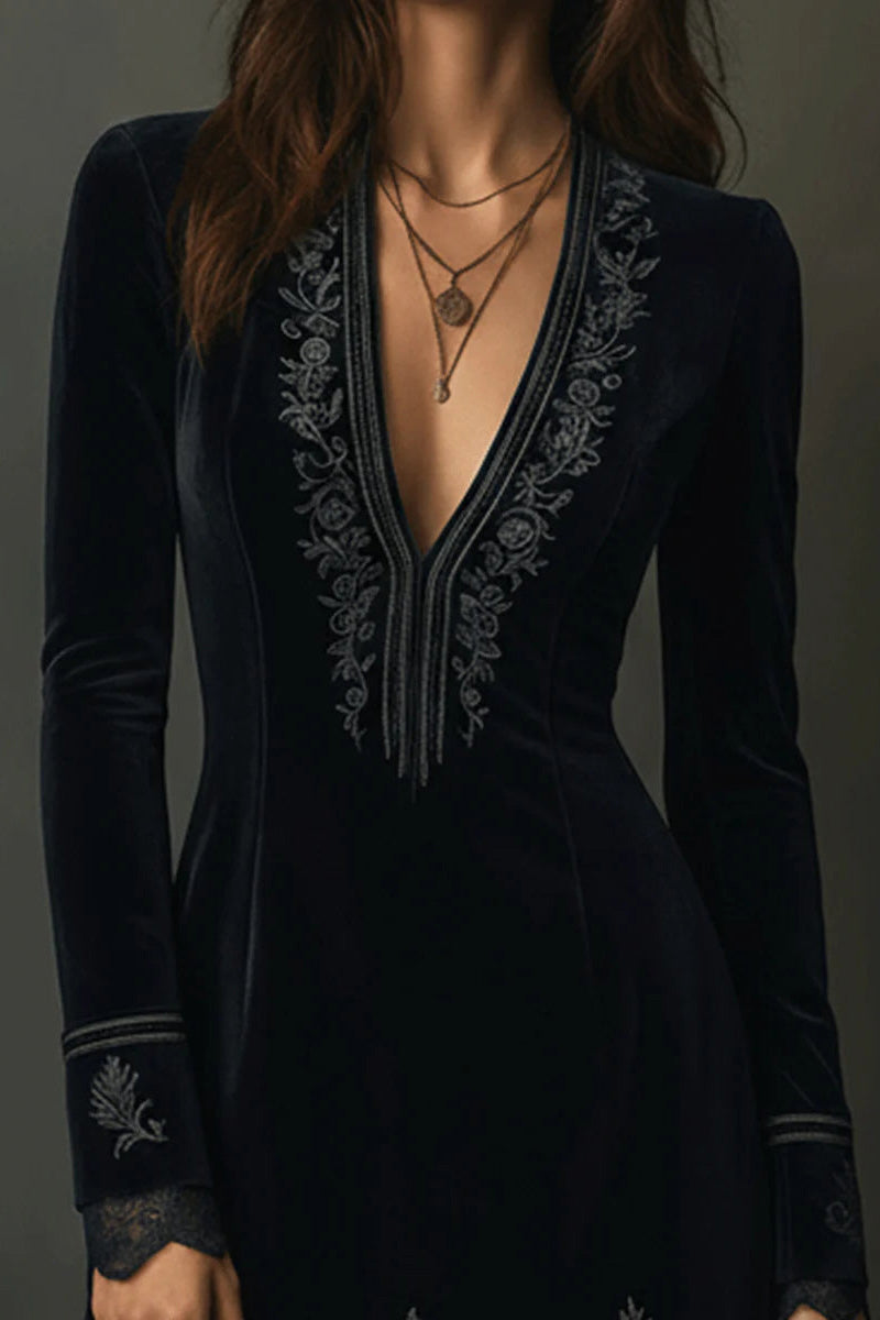 Retro Black Velvet Embroidered Lace Mini Dress