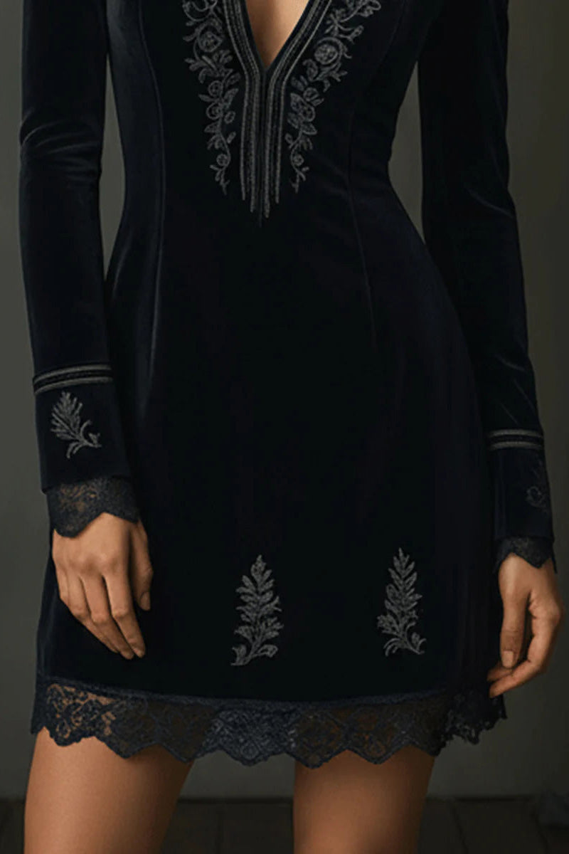 Retro Black Velvet Embroidered Lace Mini Dress