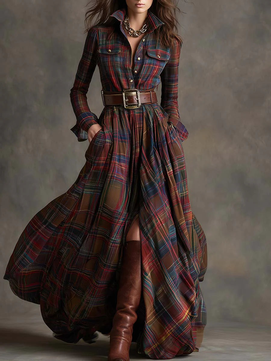 Retro lapel reddish brown plaid maxi dress