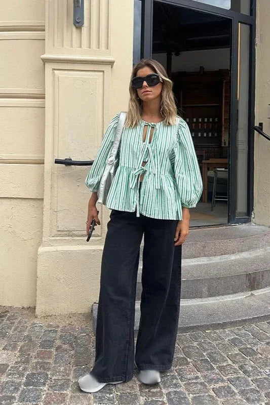 Green Stripes Puff Sleeve Peplum Blouse Short Top
