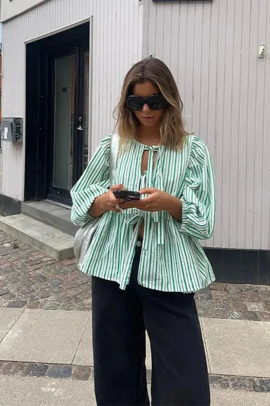 Green Stripes Puff Sleeve Peplum Blouse Short Top