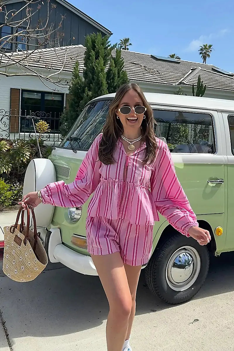 Lantern Sleeve Stripe Shirt Shorts Set