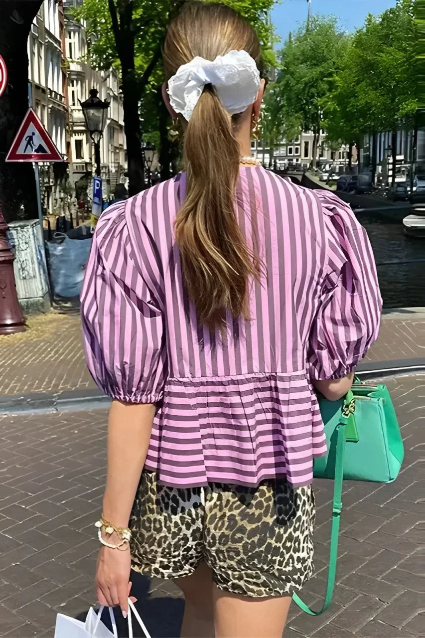 Stripes Puff Sleeve Peplum Bow Blouse Short Top