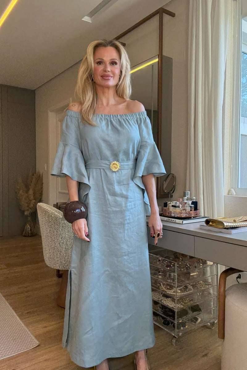 Soft Blue Off-Shoulder Maxi Dress