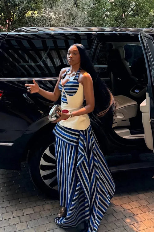 Asymmetric Striped High-Low Maxi Skirt