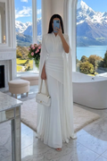 White V-Neck Cape Sleeve Ruched Waist Maxi Dress