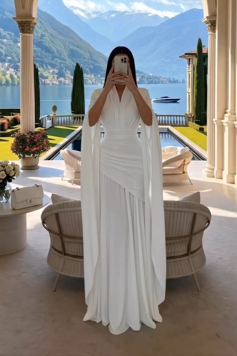 White V-Neck Cape Sleeve Ruched Waist Maxi Dress