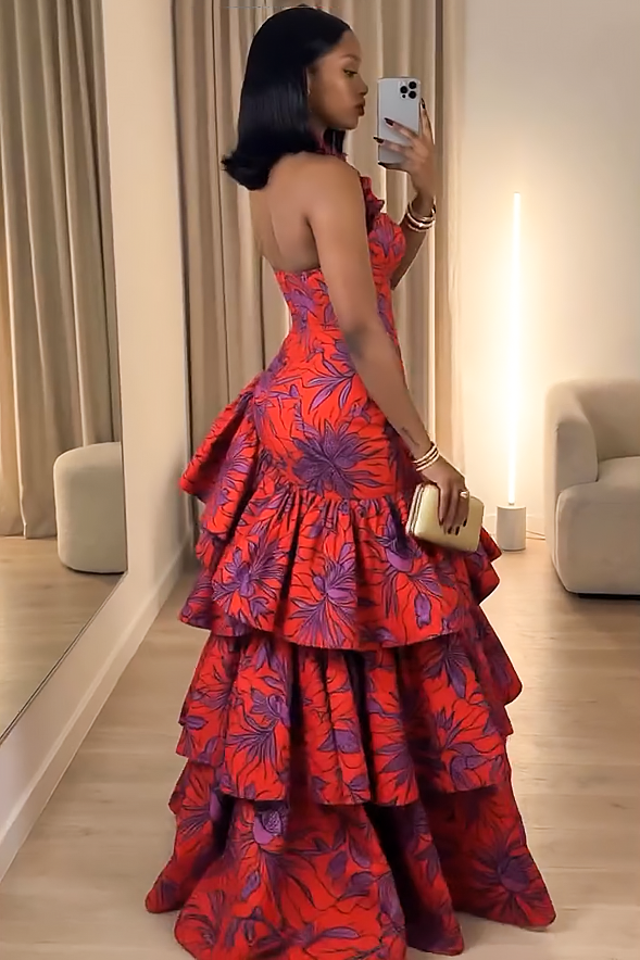 Ruffle Trim Halter Bustier Gathered Maxi Dress