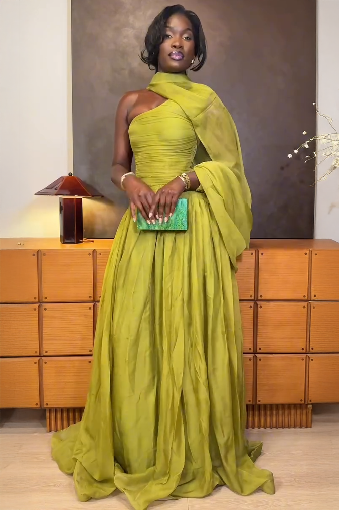 One-Shoulder Draped Pleated Maxi Dress