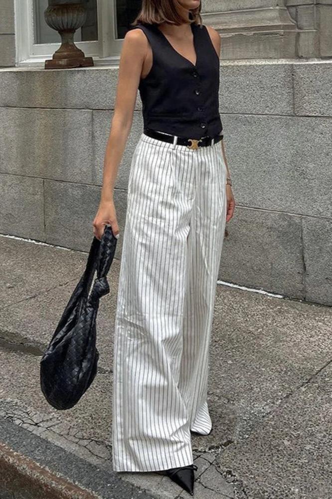 Striped Pockets Wide Leg Pants Without Belt