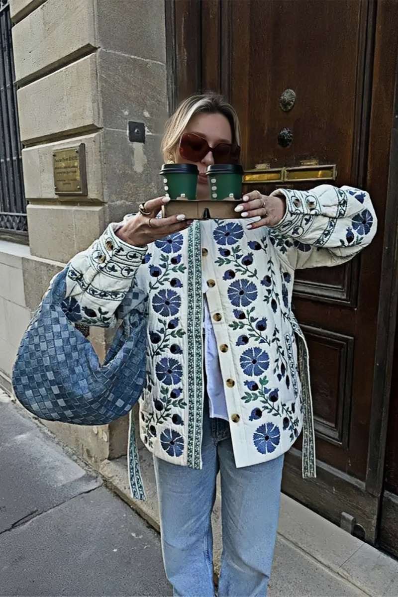 Street Flowers Lace Up Patchwork O Neck Outerwear