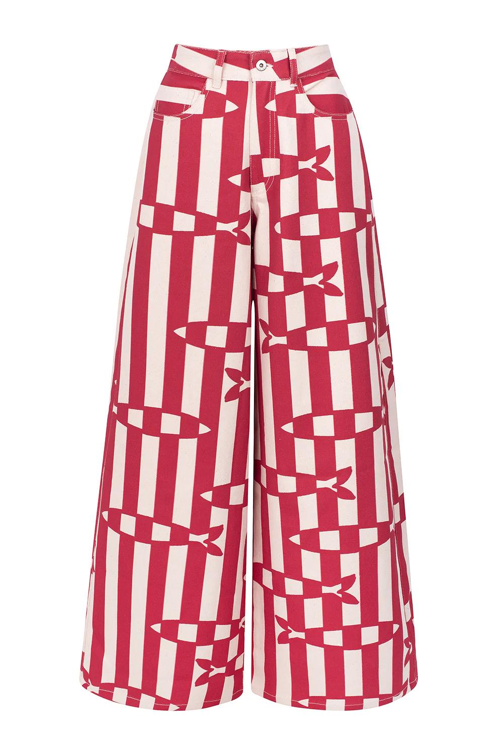 Fish Print Striped Wide Leg Pants