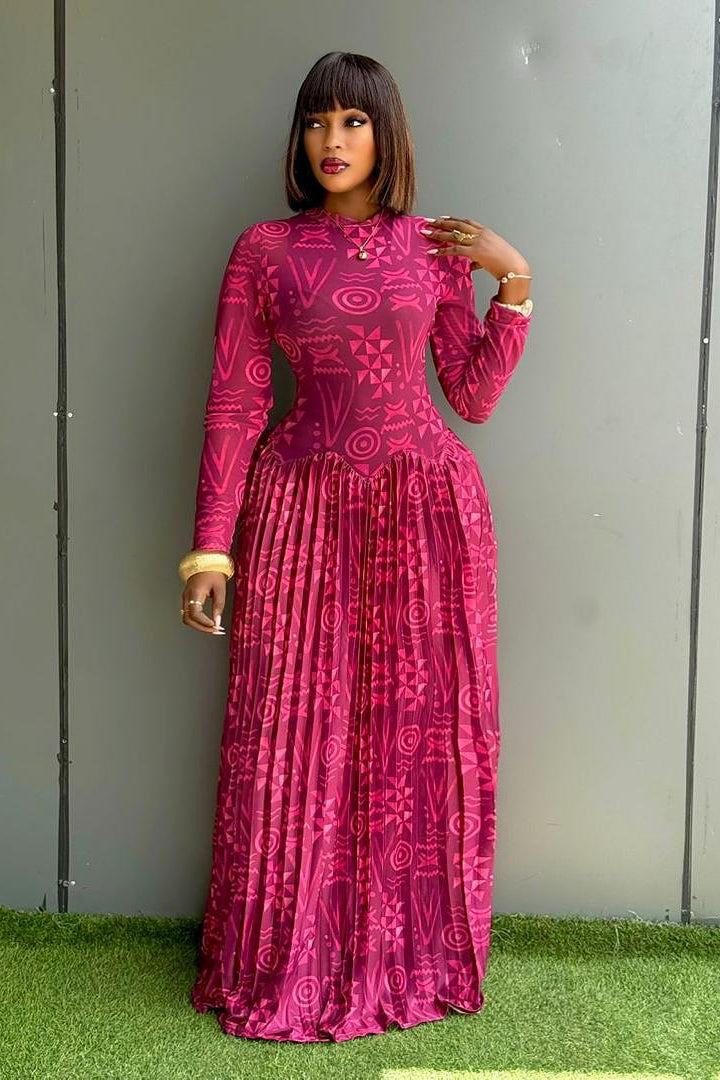 Geometric Print High Neck Maxi Dress