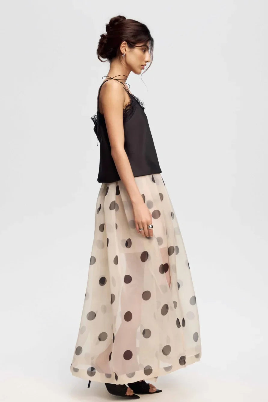 Beige Polka Dot Sheer Maxi Skirt