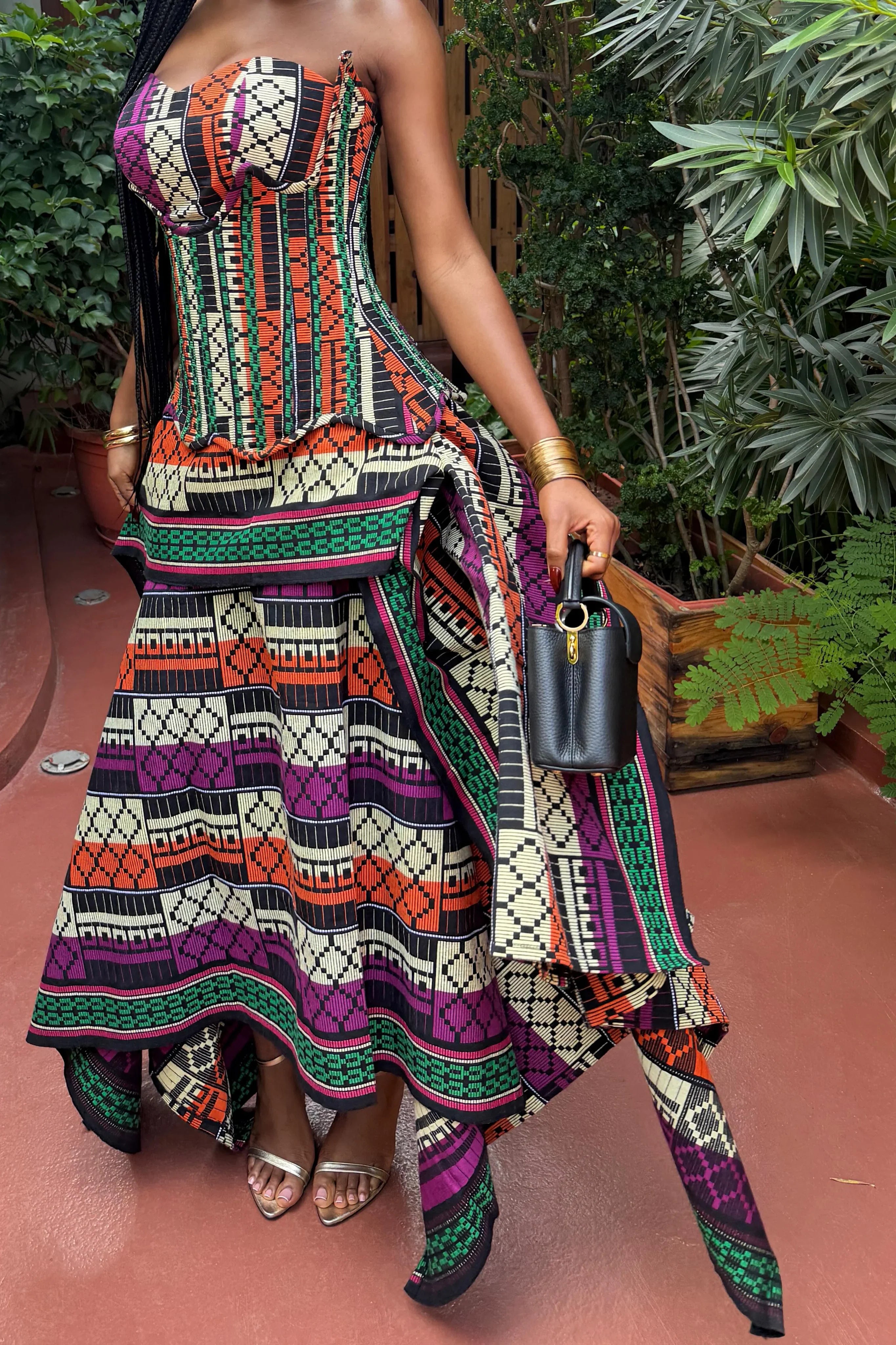 Multicolor Print Strapless Corset Top Skirt Set
