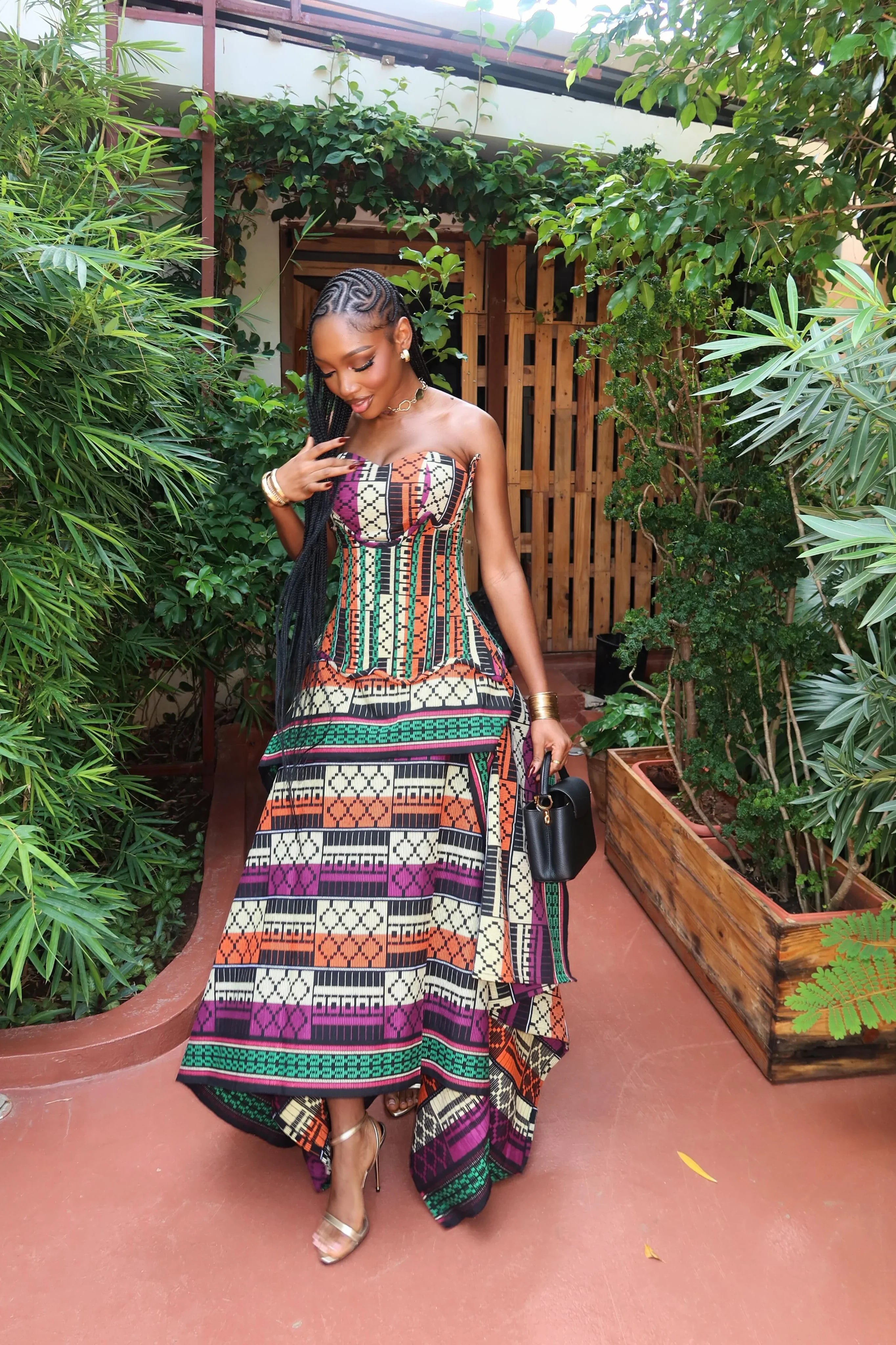 Multicolor Print Strapless Corset Top Skirt Set