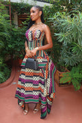 Multicolor Print Strapless Corset Top Skirt Set