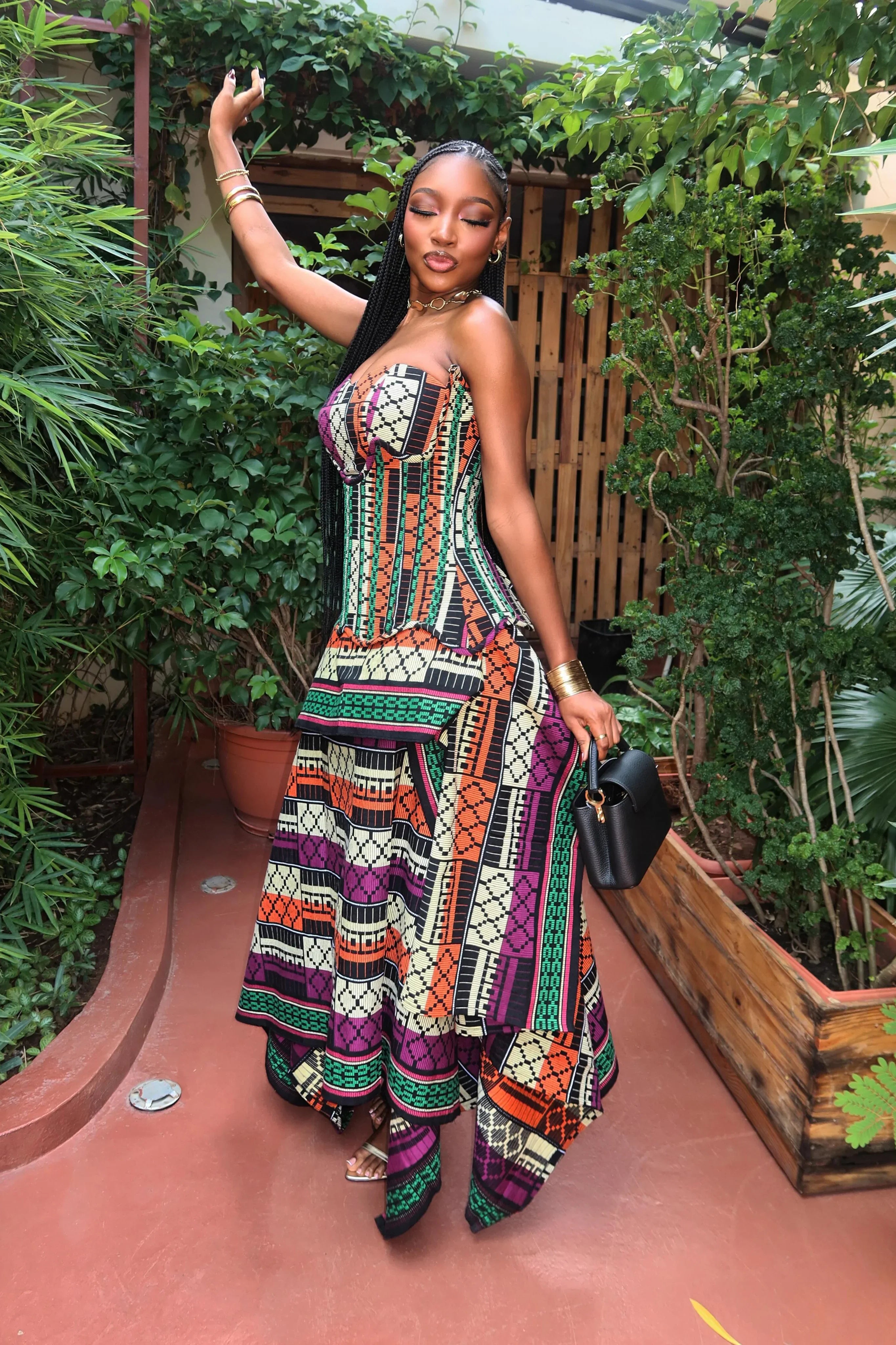 Multicolor Print Strapless Corset Top Skirt Set
