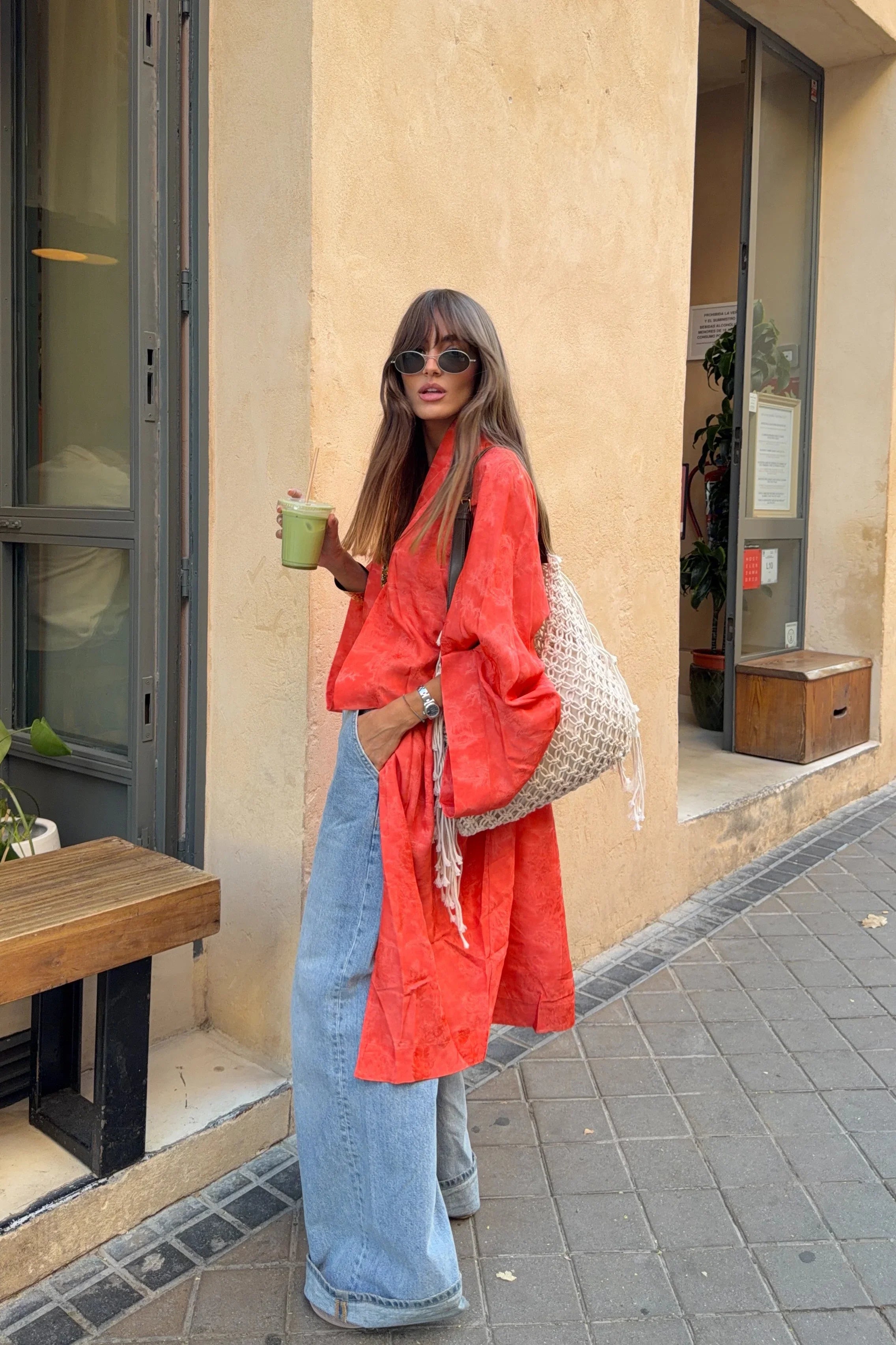 Orange Jacquard Kimono Cardigan
