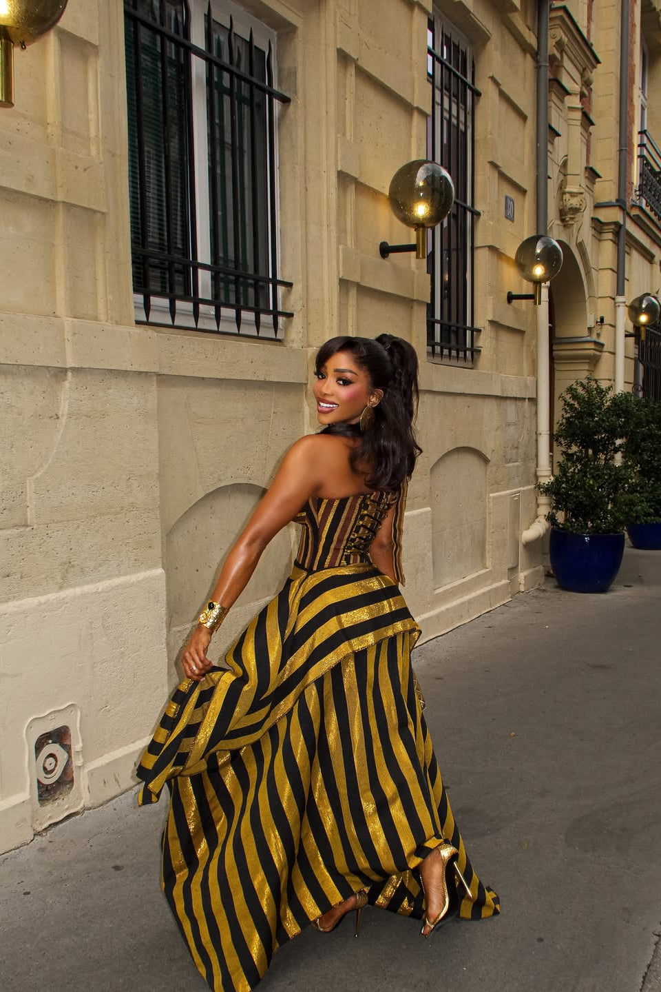 Retro Gold Black Stripe Statement Maxi Skirt