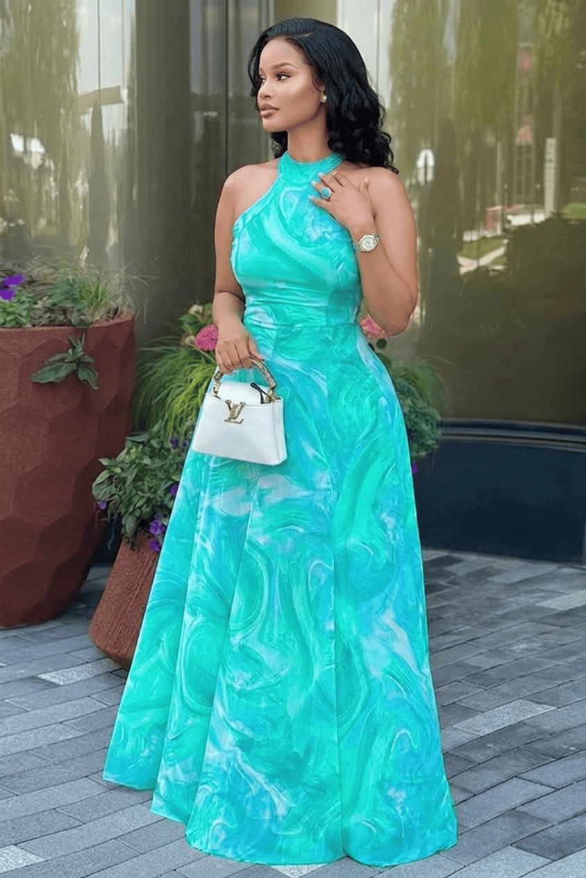 Turquoise Wave Print Halter Maxi Dress