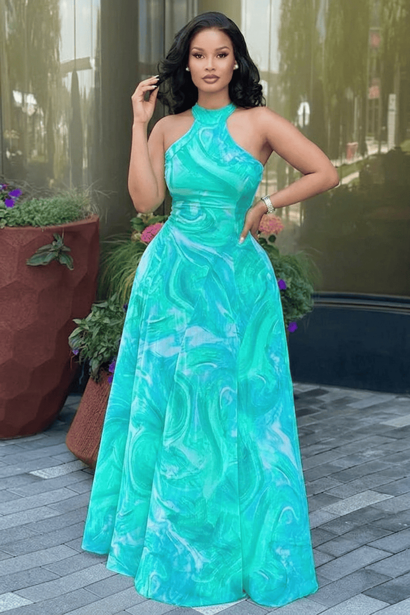Turquoise Wave Print Halter Maxi Dress
