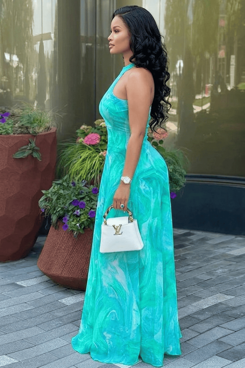 Turquoise Wave Print Halter Maxi Dress