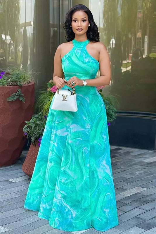 Turquoise Wave Print Halter Maxi Dress