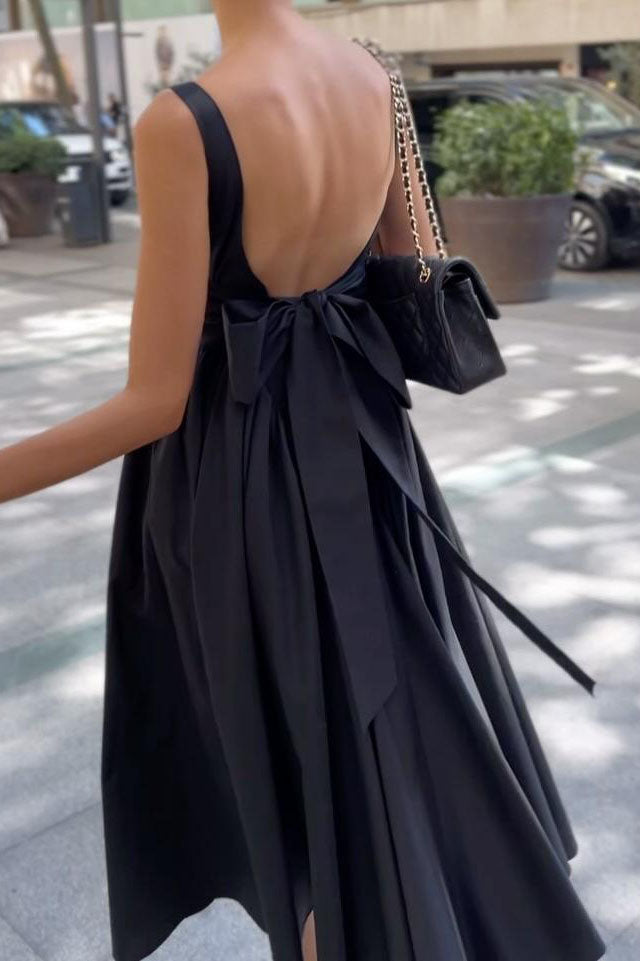 Black Square Neck Back Bow Midi Dress