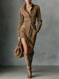 Suede Single Breasted Long Sleeve Midi Dress