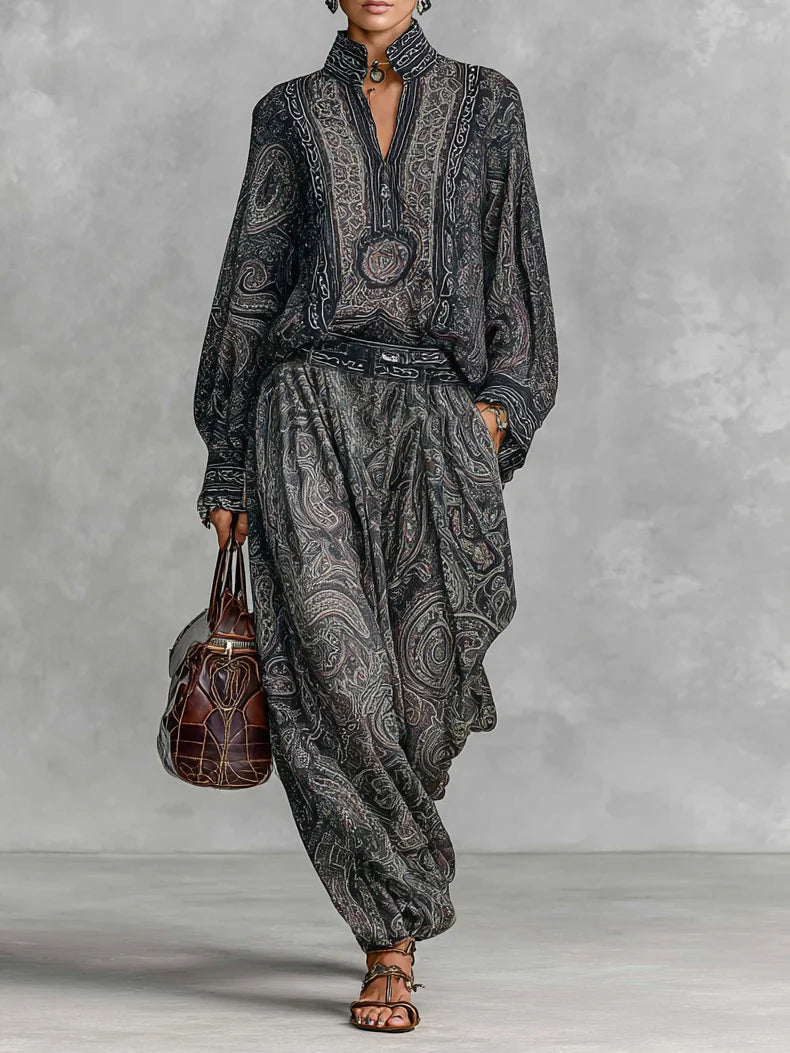 Paisley Print Shirt Trousers Two-piece Set