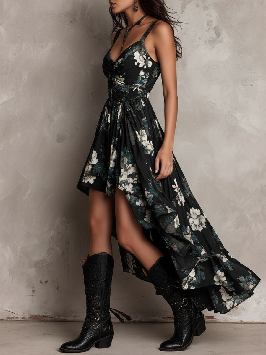 Black Bohemian Floral Print Strapless Maxi Dress