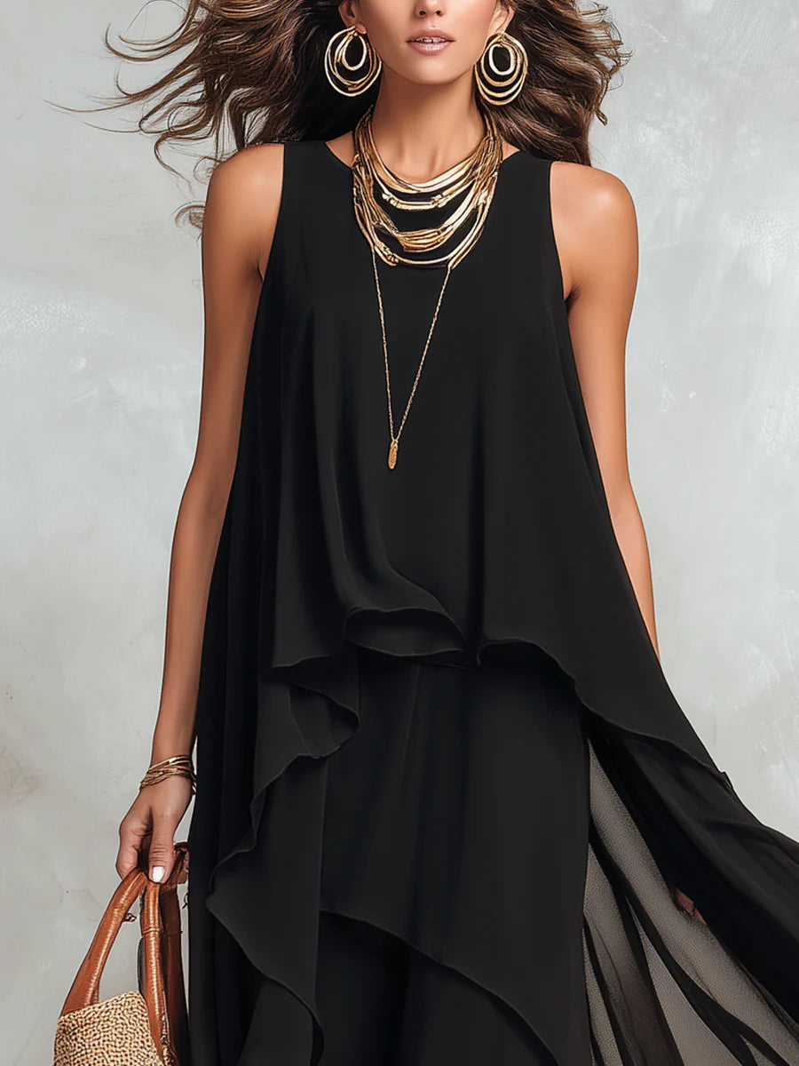 Black Chiffon Layered Round Sleeveless Maxi Dress