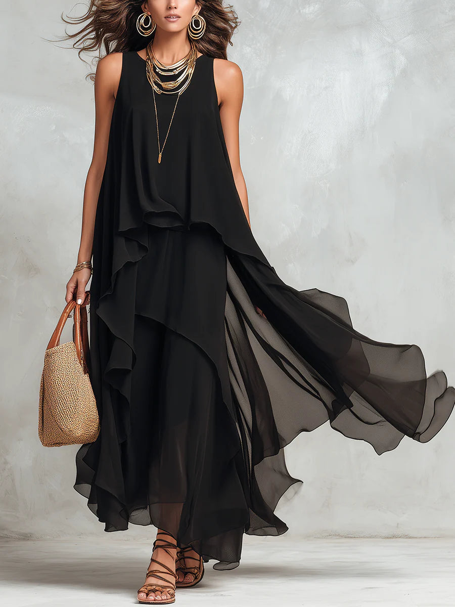 Black Chiffon Layered Round Sleeveless Maxi Dress