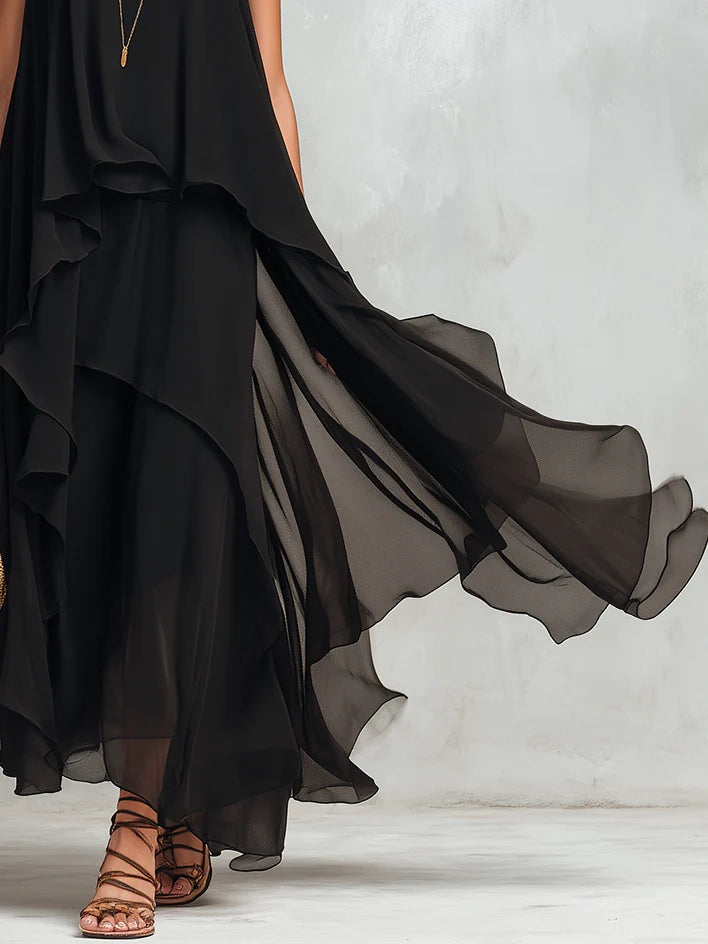 Black Chiffon Layered Round Sleeveless Maxi Dress