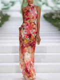 Red Chiffon Floral Sleeveless Maxi Dress