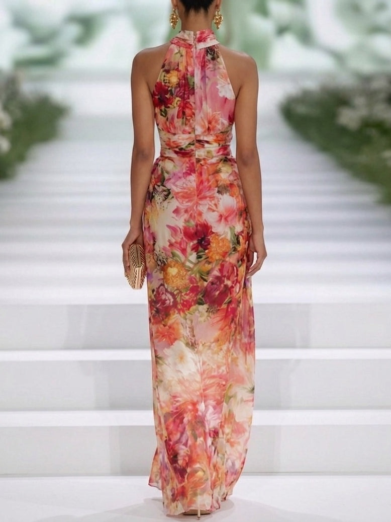 Red Chiffon Floral Sleeveless Maxi Dress