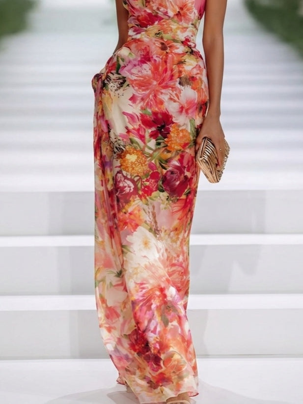 Red Chiffon Floral Sleeveless Maxi Dress