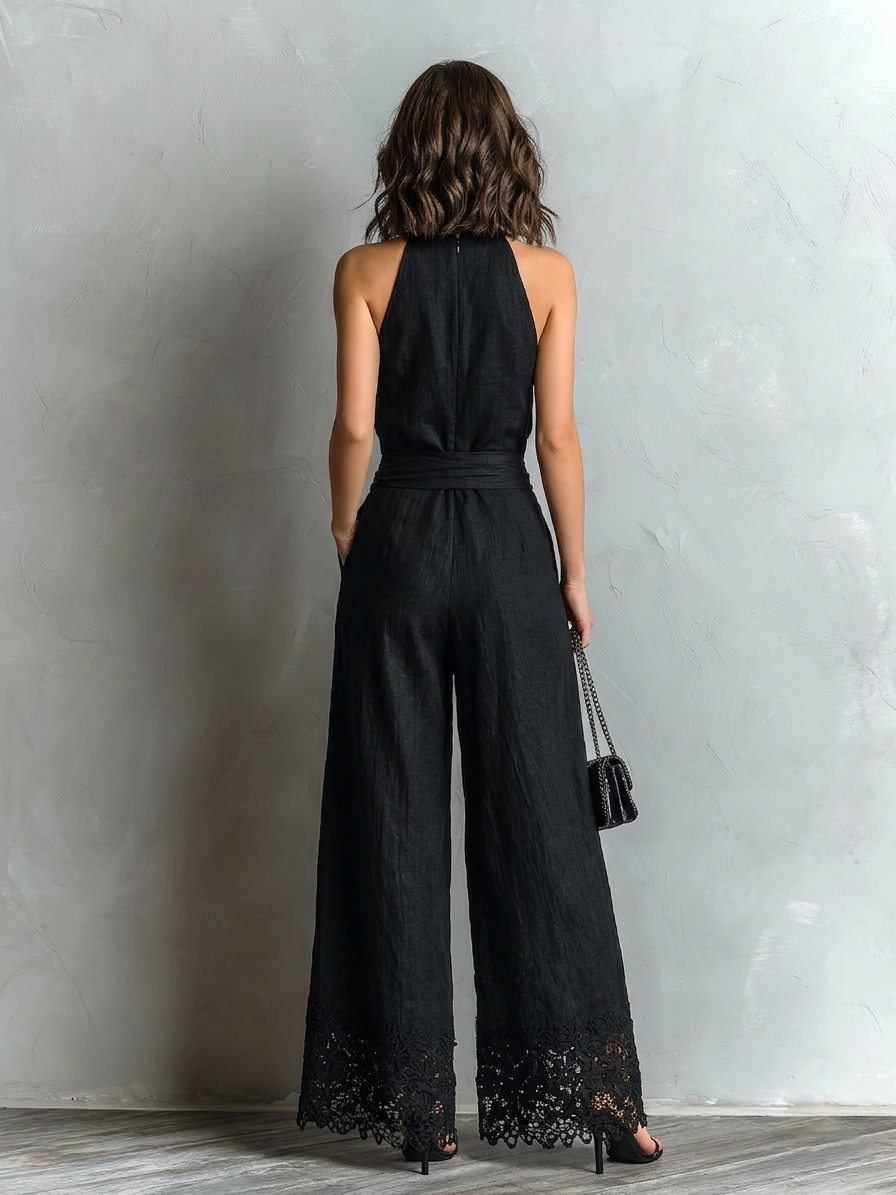 Black Cotton-linen Halter Vest Wide-leg Pants Set