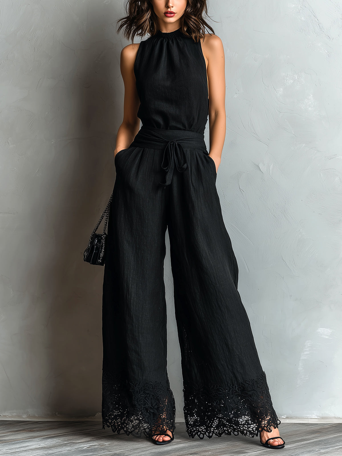 Black Cotton-linen Halter Vest Wide-leg Pants Set