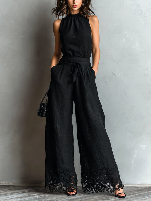 Black Cotton-linen Halter Vest Wide-leg Pants Set