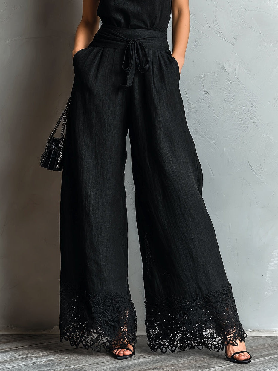 Black Cotton-linen Halter Vest Wide-leg Pants Set